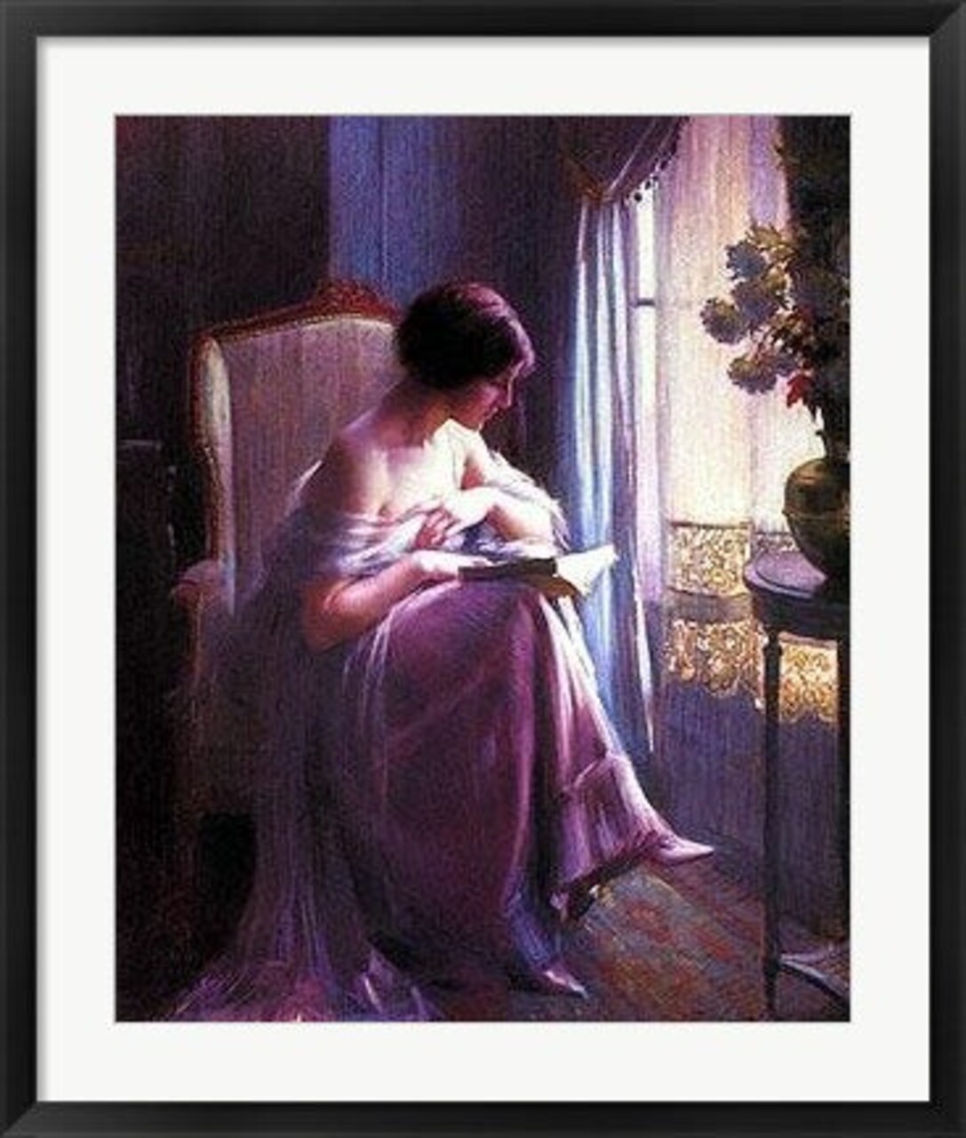 Framed Art Young Woman Reading by a Window by Delphin Enjolras 28 x 23
